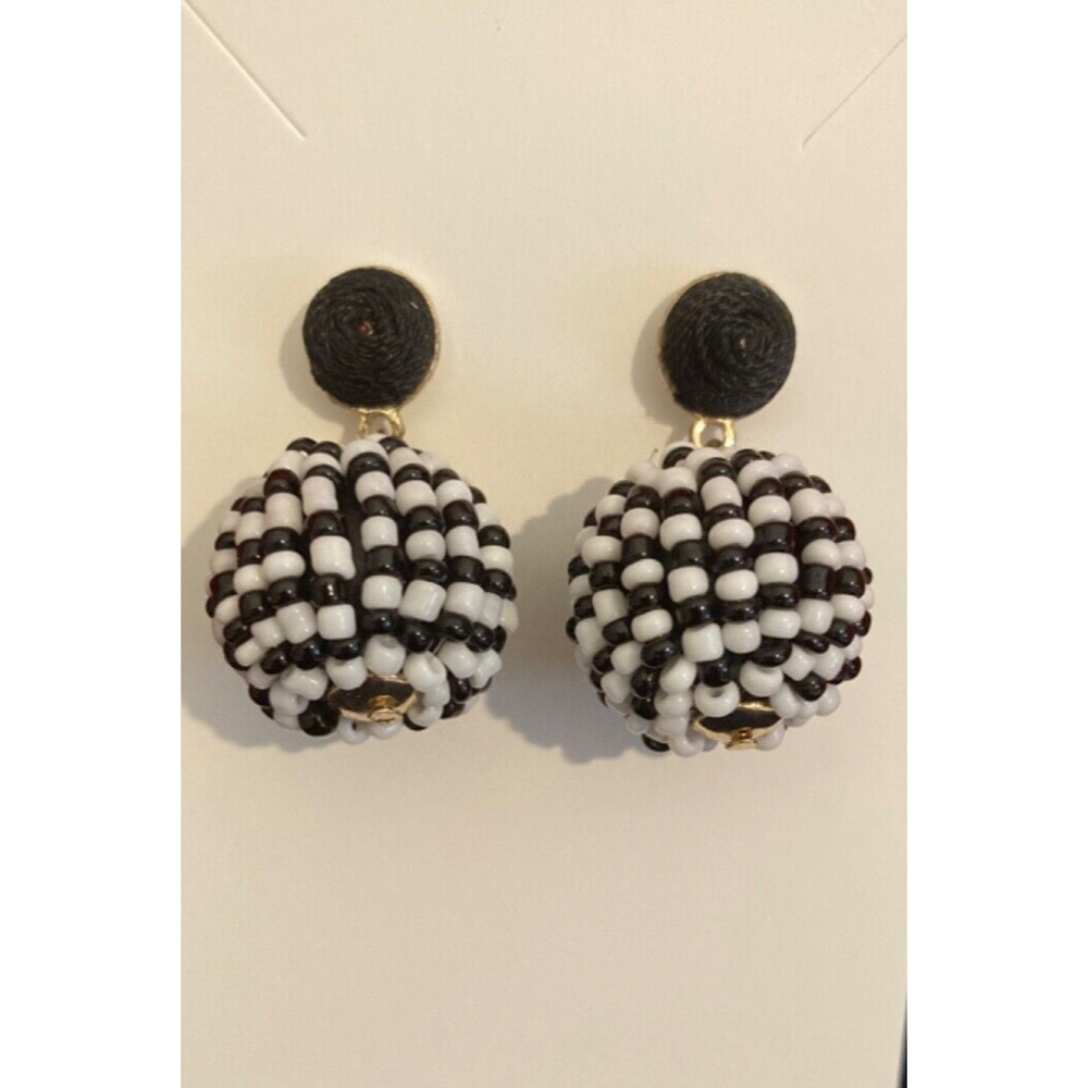 Earrings Seed Beads, Beaded Balls Navy & White Handmade‎ Nautical Boho